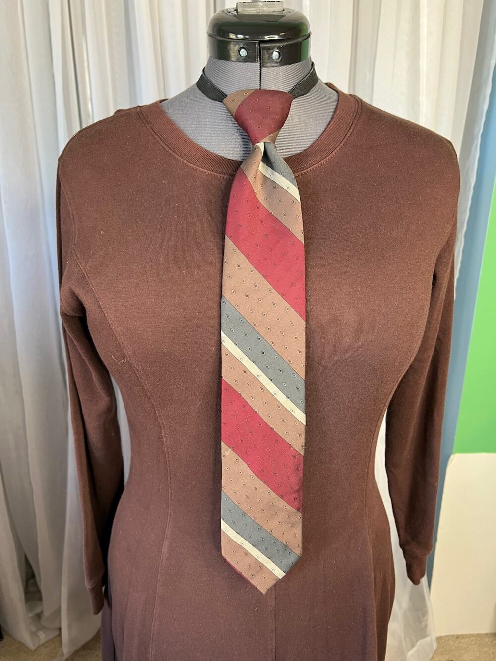 vintage zipper tie 1980s wide Diagonal stripe brown red